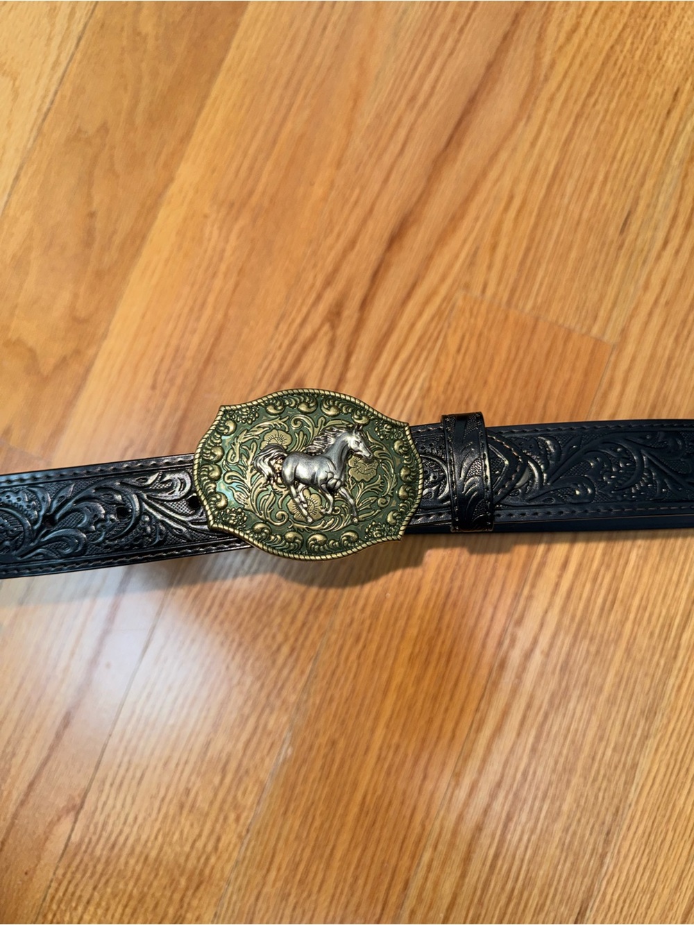 Black Tooled Leather Belt with Decorative Gold Horse Buckle